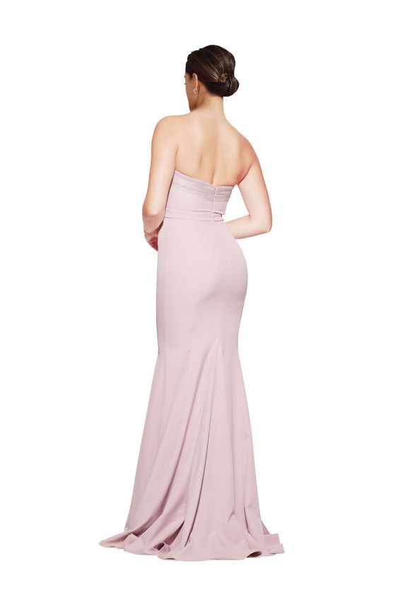 Cheap Straight Neck Long Strapless Crepe Bridesmaid Dress with Soft Tulle Overlay and Small Train Canada