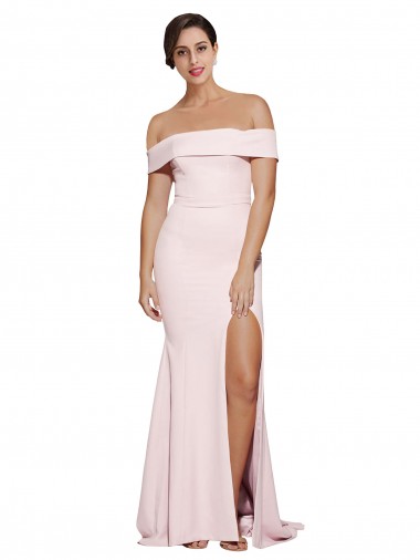 Cheap Off Shoulder Long Crepe Bridesmaid Dress with Straight Neckline and Side Split Canada