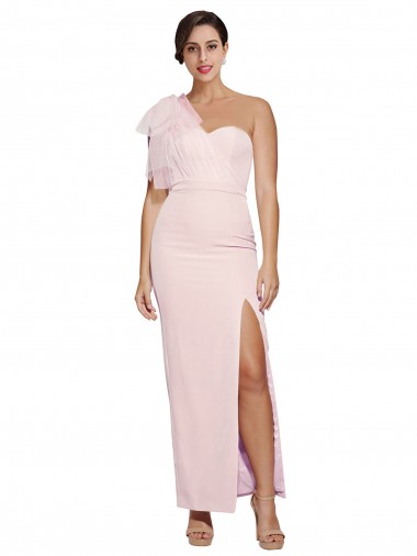 Cheap One Shoulder Tulle Overlay Sweetheart Neckline Long Crepe Bridesmaid Drss with Thigh Split Canada