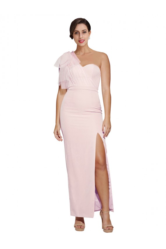 Cheap One Shoulder Tulle Overlay Sweetheart Neckline Long Crepe Bridesmaid Drss with Thigh Split Canada
