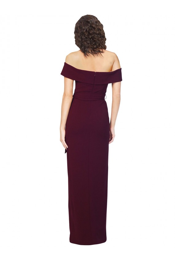 Cheap Fitted Full Length Off the Shoulder Crepe Bridesmaid Dress with Side Split and Waist Tie Canada