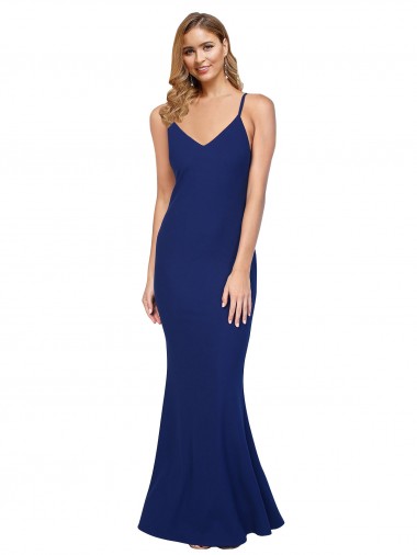 Cheap Full Length V-Neckline Crepe Bridesmaid Dress with Thin Straps and Fulted Skirt Canada