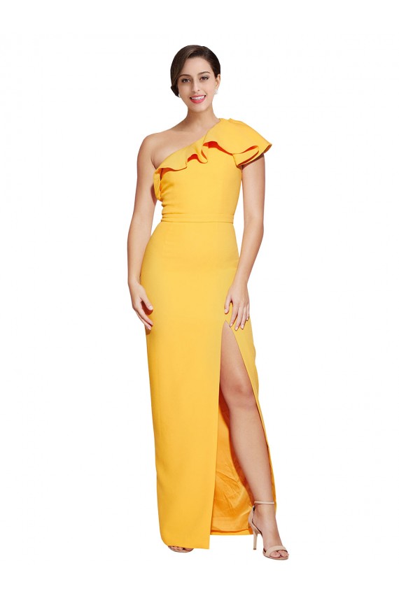 Cheap One Shoulder Floor Length Crepe Bridesmaid Dress with Thigh High Split Canada