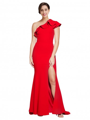 Cheap One Shoulder Long Sweep Train Crepe Bridesmaid Dress with Thigh High Split Canada