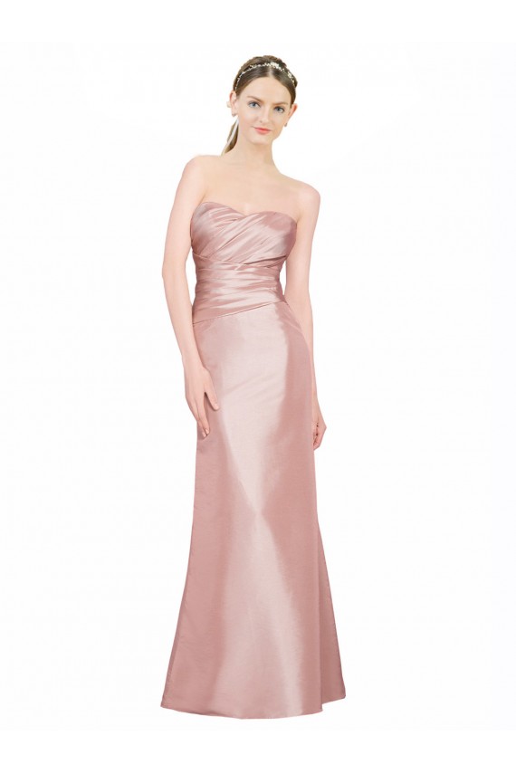 Cheap Long Strapless Stretch Satin Bridesmaid Dress with Pleats and Low Back Canada