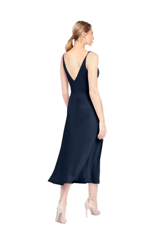 Cheap V-Neck Midi Length Short Stretch Satin Bridesmaid Dress V-Back Canada