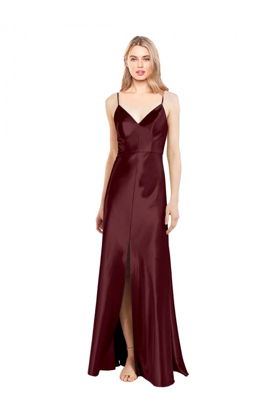 Cheap Sleek Spaghetti Straps V-Neck Stretch Satin Bridesmaid Dress with Center Front Slit Canada