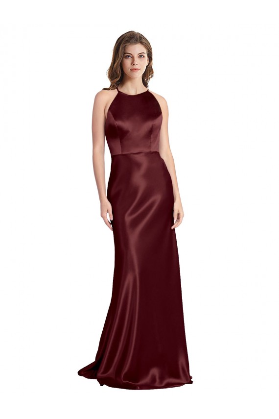 Cheap High Neck Halter Long Sleeveless Stretch Satin Bridesmaid Dress with Strappy Back Canada