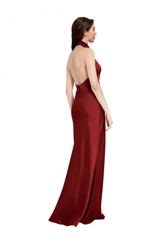 Cheap Backless Halter Long Stretch Satin Bridesmaid Dress Canada