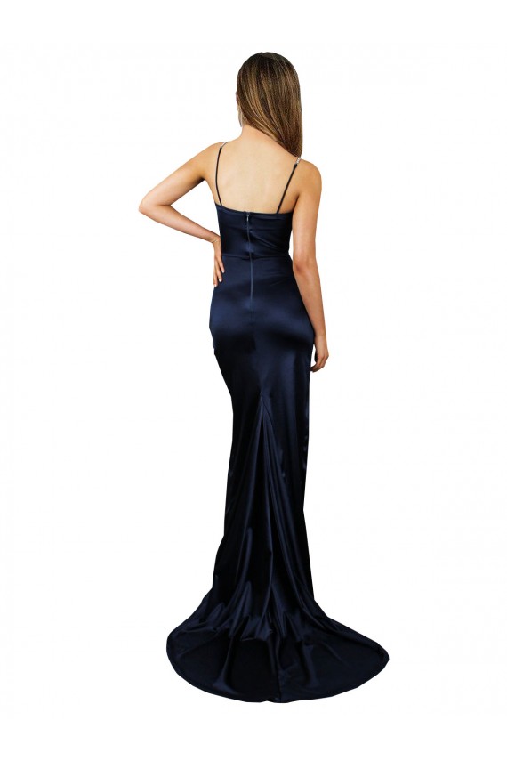 Cheap Pleated Sash Skirt Long Stretch Satin Bridesmaid Dress with High Slit Canada