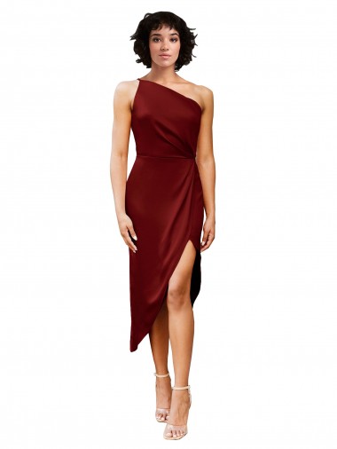 Cheap One Shoulder Midi Length Short Stretch Satin Wrap Style Bridesmaid Dress Canada