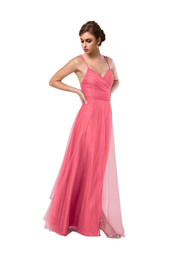 Cheap Flowy A-Line Tulle Bridesmaid Dress with Double Straps and V-Neck Canada