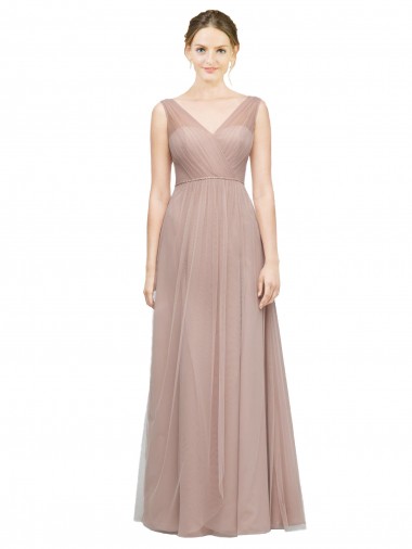 Cheap Full Length Draped Long V-Neck Tulle Bridesmaid Dress Canada