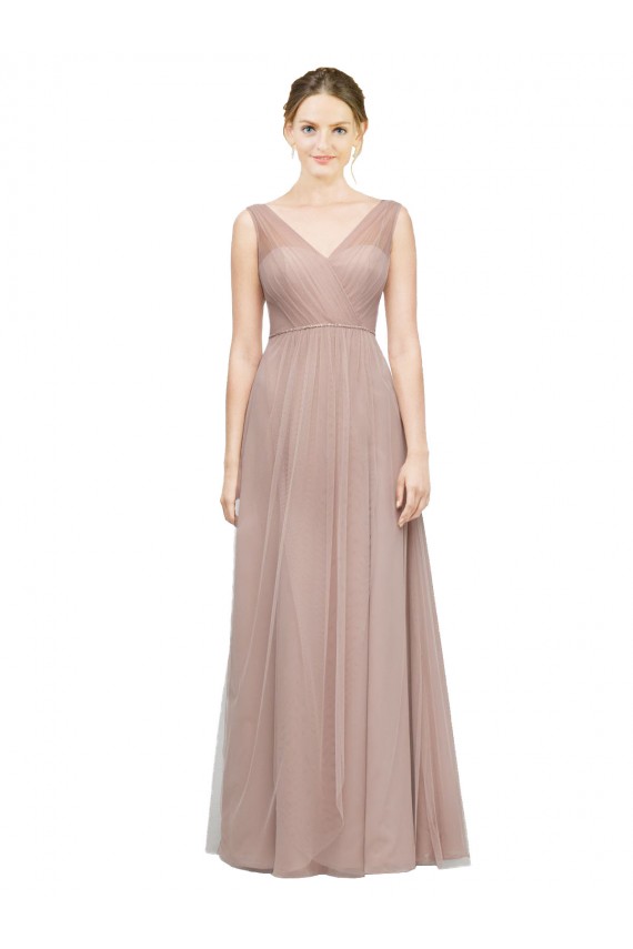Cheap Full Length Draped Long V-Neck Tulle Bridesmaid Dress Canada