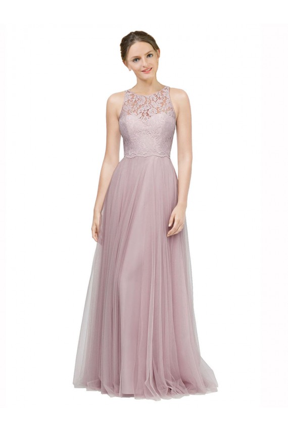 Cheap High Neck Long Tulle Bridesmaid Dress with Lace Bodice Canada