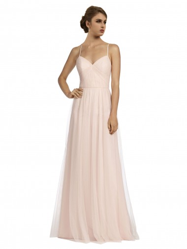 Cheap Long Draped Back A-Line Tulle Bridesmaid Dress with Pleated Bodice Canada
