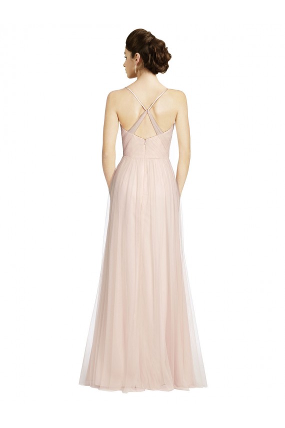 Cheap Long Draped Back A-Line Tulle Bridesmaid Dress with Pleated Bodice Canada