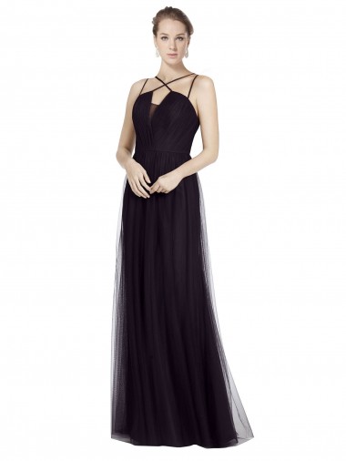 Cheap High Neck Long A-Line Tulle Bridesmaid Dress Canada