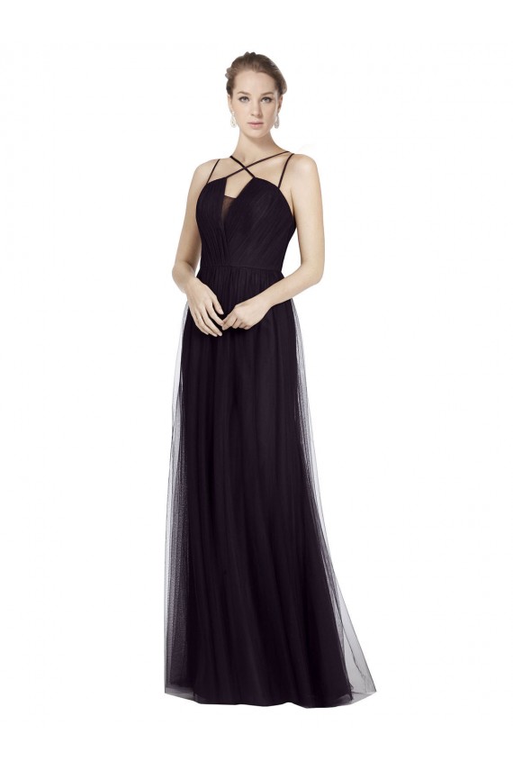 Cheap High Neck Long A-Line Tulle Bridesmaid Dress Canada
