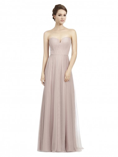 Cheap Long Strapless Tulle Bridesmaid Dress with Pleated Bodice Canada