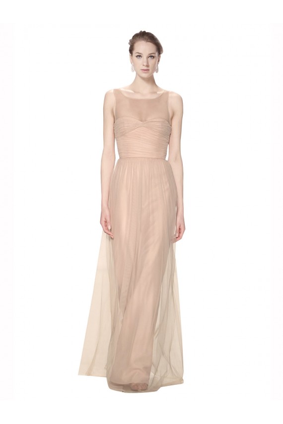 Cheap Long Tulle Bridesmaid Dress with Illusion Neck Canada