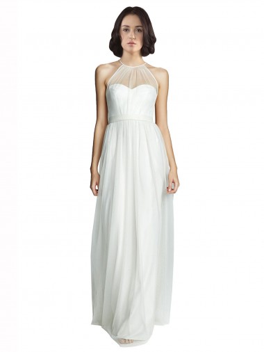Cheap High Neckline Long Tulle Bridesmaid Dress with Illusion Front Canada