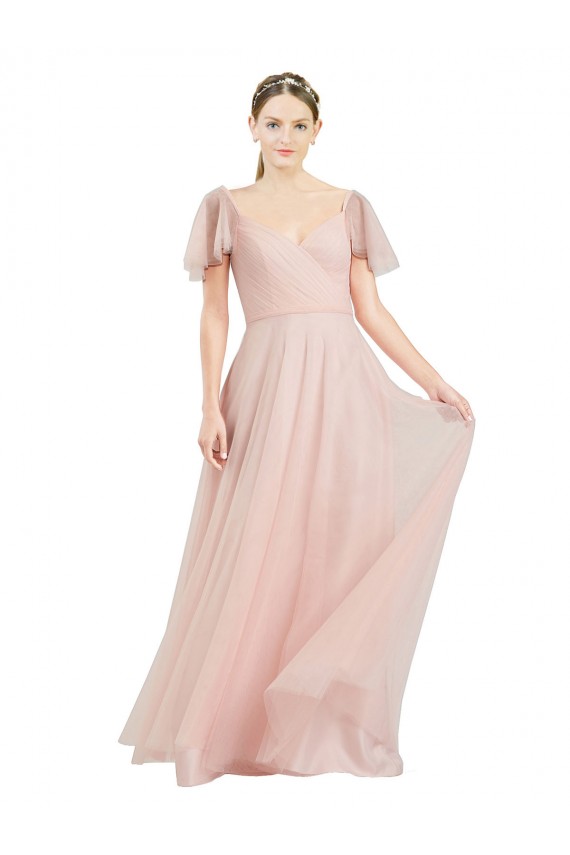 Cheap Long V-Neck Flutter Sleeves Tulle Bridesmaid Dress Canada