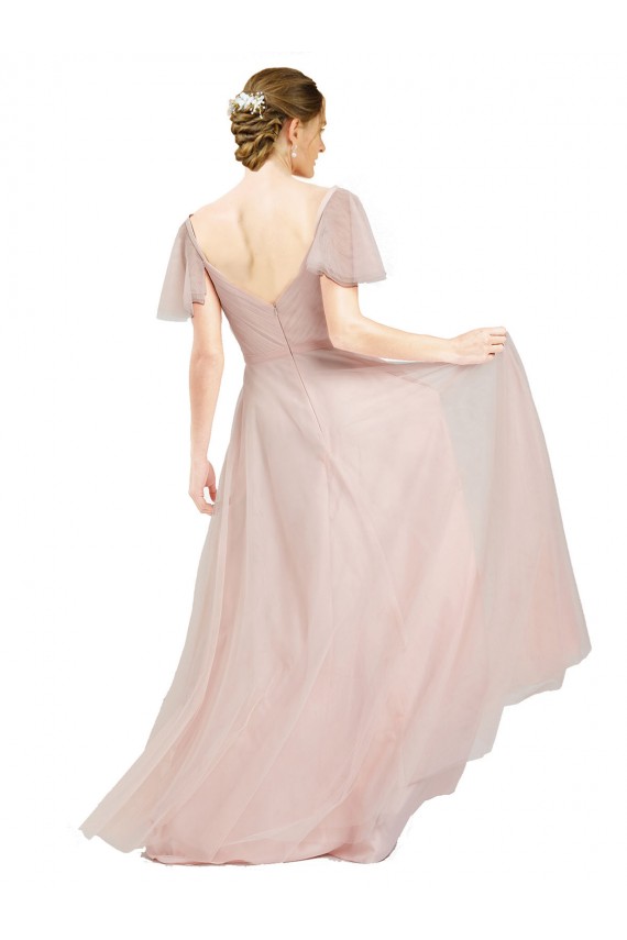 Cheap Long V-Neck Flutter Sleeves Tulle Bridesmaid Dress Canada