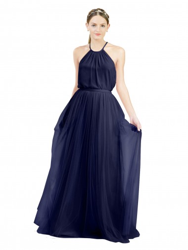 Cheap Long A-Line High Neck Halter Tulle Bridesmaid Dress Canada
