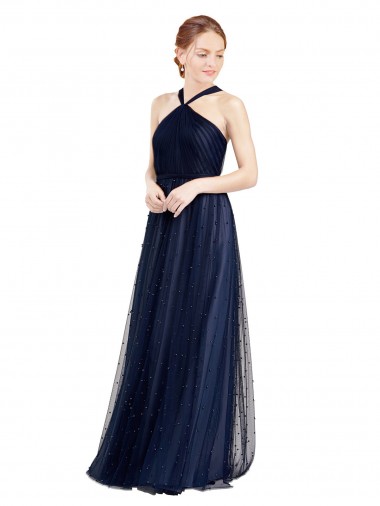 Cheap Floor Length Long Halter Pleated Tulle Bridesmaid Dress Canada