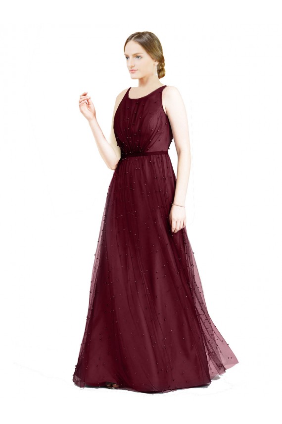 Cheap Sleeveless Boat Neck Long Pearl Tulle Bridesmaid Dress with Keyhole Back Canada