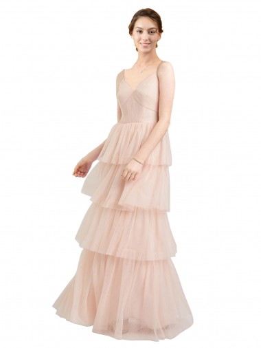 Cheap V-Neck A-Line Layered Long Tulle Bridesmaid Dress Canada