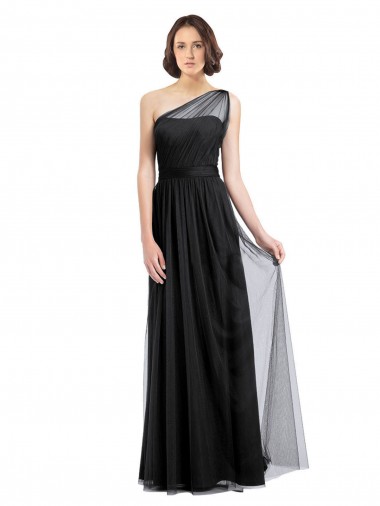 Cheap Ruched Long Soft Tulle Bridesmaid Dress with Sheer Netting Shoulder Strap Canada