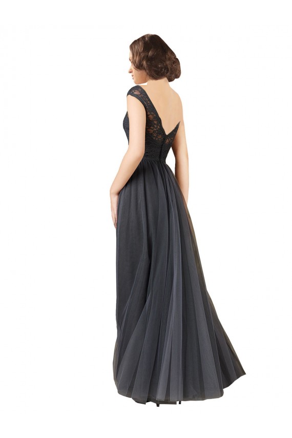 Cheap Long Bateau Tulle Bridesmaid Dress with Lace Bodice Canada