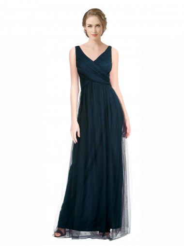Cheap Full Length Long Tulle Bridesmaid Dress with V-Neck Criss-Cross Ruched Top Canada