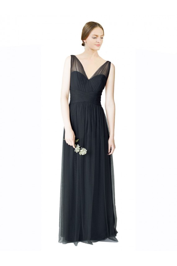 Cheap Long Tulle Bridesmaid Dress with Illusion Shoulder Straps and V-Back Canada