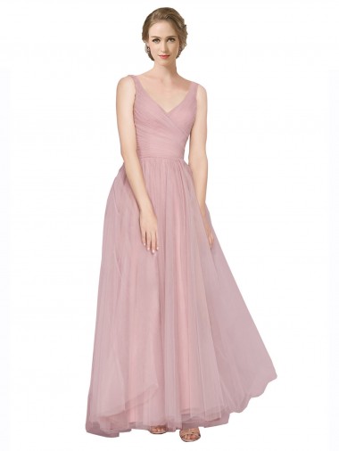 Cheap Long Floor Length Wide Strap Plunge Cross Over Neckline Tulle Bridesmaid Dress Canada