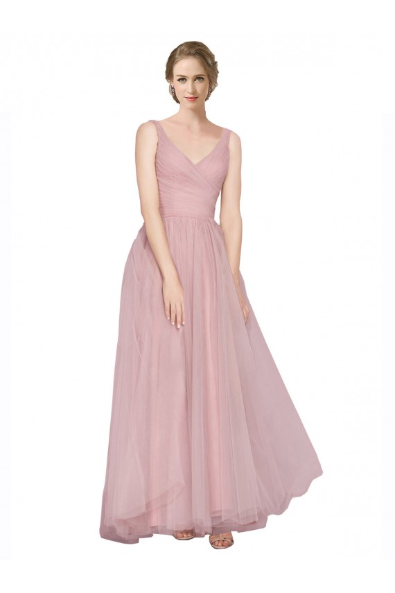 Cheap Long Floor Length Wide Strap Plunge Cross Over Neckline Tulle Bridesmaid Dress Canada