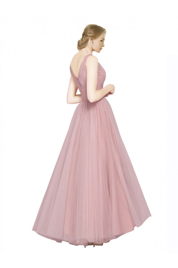 Cheap Long Floor Length Wide Strap Plunge Cross Over Neckline Tulle Bridesmaid Dress Canada