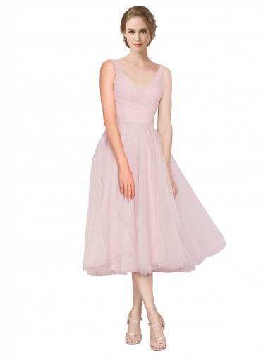 Cheap Short Tea Length Wide Strap Plunge Cross Over Neckline Tulle Bridesmaid Dress Canada