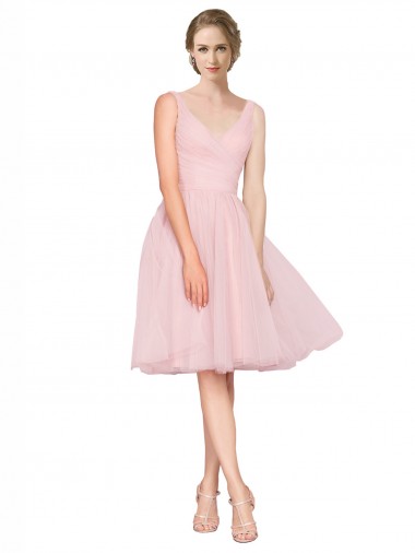 Cheap Short Knee Length Wide Strap Plunge Cross Over Neckline Tulle Bridesmaid Dress Canada