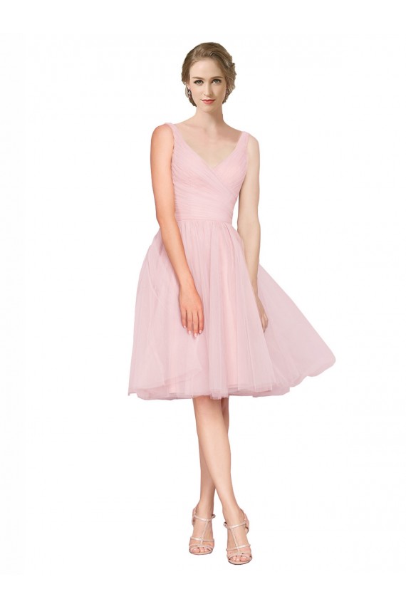 Cheap Short Knee Length Wide Strap Plunge Cross Over Neckline Tulle Bridesmaid Dress Canada