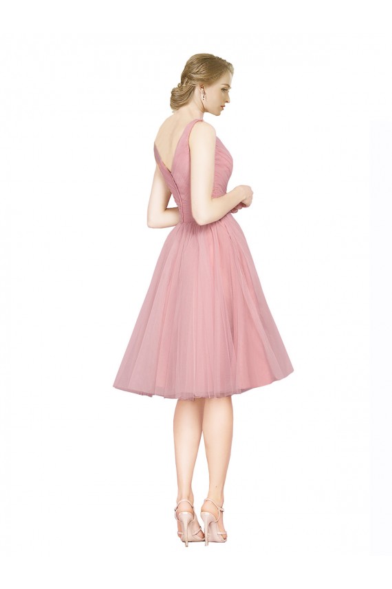 Cheap Short Knee Length Wide Strap Plunge Cross Over Neckline Tulle Bridesmaid Dress Canada