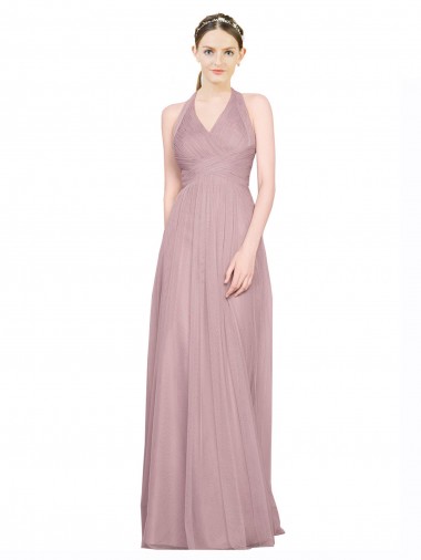 Cheap Ruffled Halter V-Neck Long Tulle Bridesmaid Dress with Pleats Canada