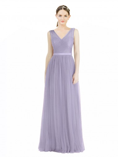 Cheap Wide Straps V-Neck Long Tulle Bridesmaids with Belt Canada
