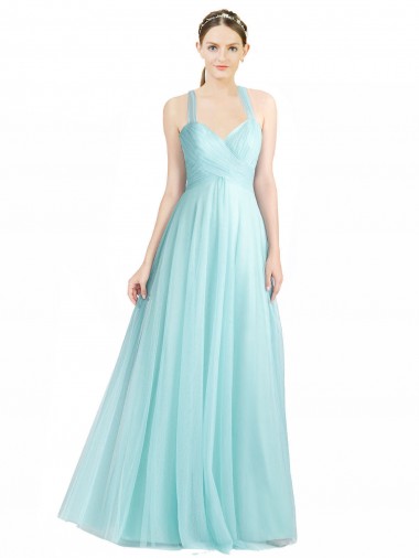 Cheap Ruched Sweetheart Neckline A-Line Tulle Bridesmaid Dress with Tie Open Back Canada