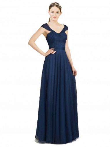 Cheap Ruched Sweetheart Long A-Line Tulle Bridesmaid Dress with Wide Straps and Tie Back Canada
