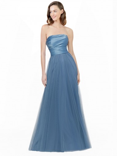 Cheap Long Strapless Bridesmaid Dress with Soft Tulle Overlay Canada