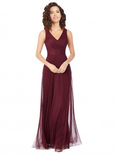 Cheap Long A-Line V-Neck Tulle Bridesmaid Dress Canada
