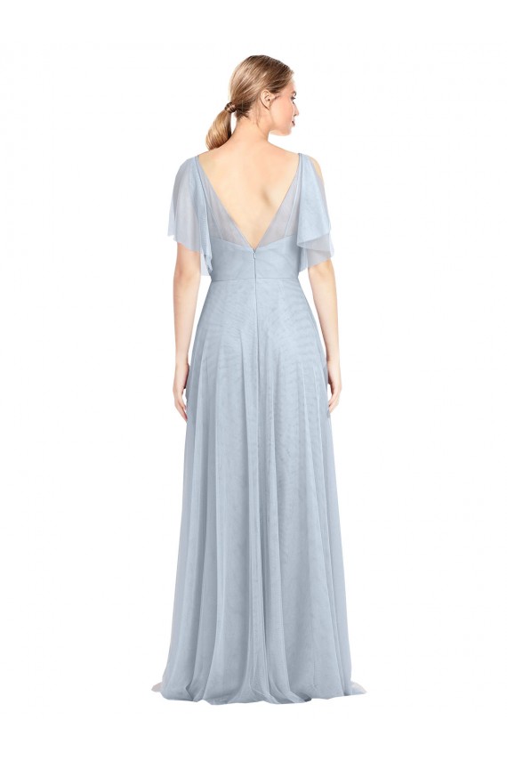 Cheap Floor Length Flutter Sleeves Long Tulle Bridesmaid Dress with Side Slit Canada